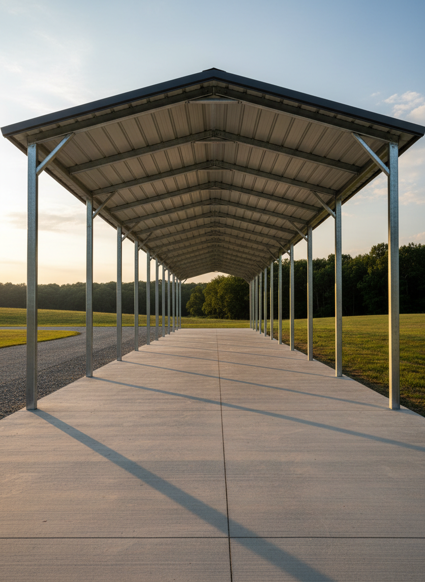 A robust RV cover constructed from heavy-gauge steel posts and a charcoal standing-seam metal roof, sheltering a long, empty concrete bay. The structure sits beside a well-maintained gravel drive, framed by low rolling hills and a distant treeline. Late afternoon sunlight creates a bright rim of light along the roof edges and casts rhythmic shadows of the posts across the ground, emphasizing the generous clearance height. The camera is placed at one end of the bay, looking down its length to accentuate depth and perspective, with strong leading lines drawing the eye through the scene. The atmosphere is practical, protective, and reassuring, with a clean, realistic photographic style and a subtle emphasis on structural integrity.