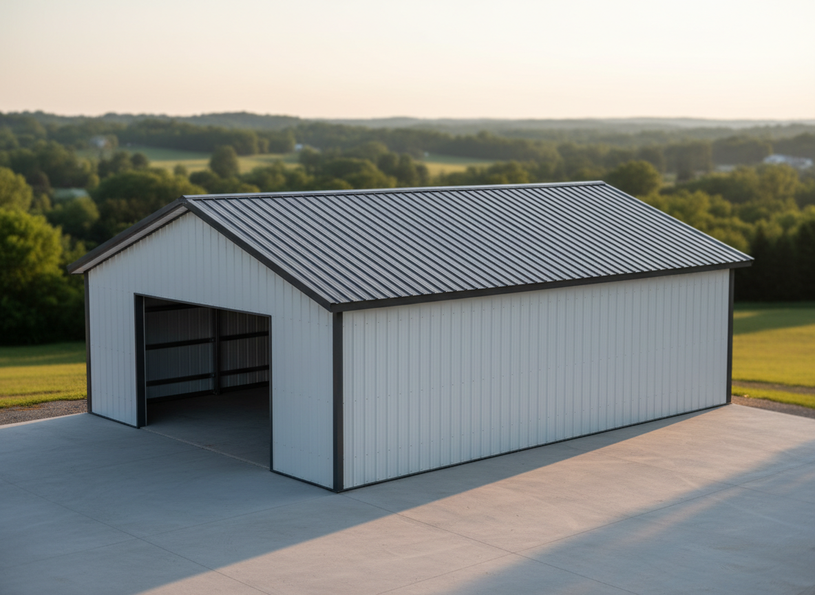 A large custom metal garage building with crisp white wall panels and a deep charcoal gray roof, standing on a clean concrete pad in a wide open Tennessee landscape. The steel framing and neatly aligned fasteners are clearly visible, emphasizing craftsmanship and durability. Soft late-afternoon natural light creates subtle highlights along the ridged metal siding and casts gentle, elongated shadows across the driveway. Captured at eye level with a slight three-quarter angle, the entire structure is in sharp focus while the rolling hills and trees behind fall into a soft bokeh. The mood is professional and reliable, with a photographic realism and clean, modern aesthetic ideal for a homepage hero image for a metal building company.
