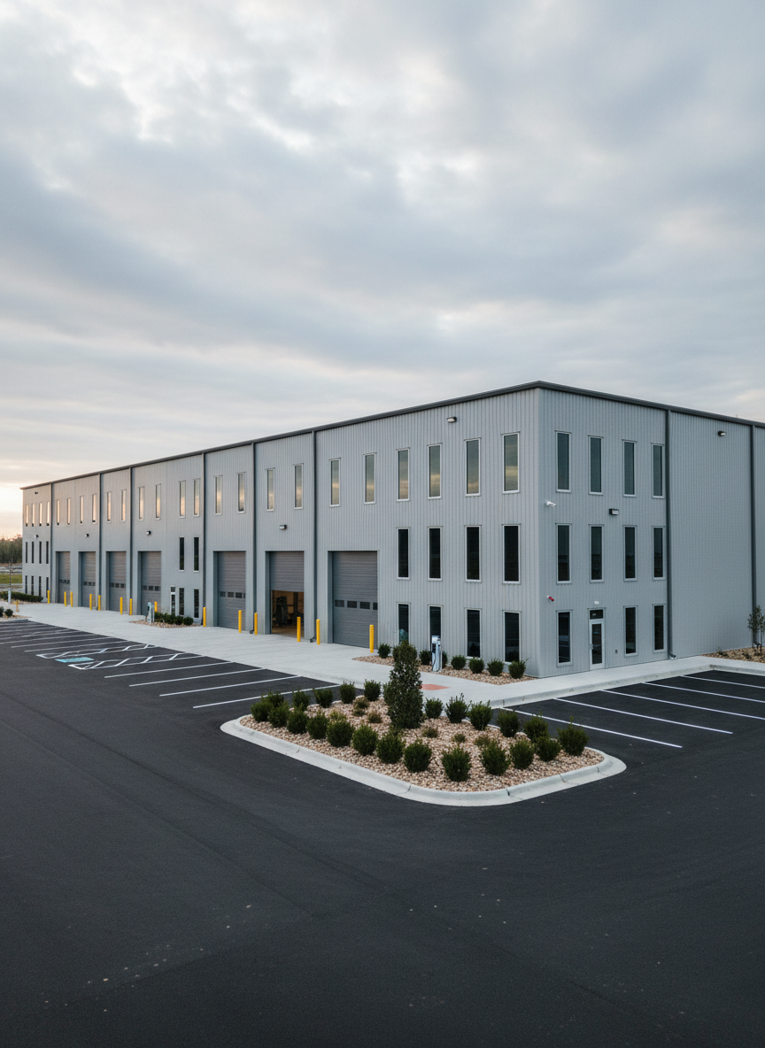 A sleek commercial steel structure designed as a warehouse, with tall light-gray insulated wall panels, large roll-up doors, and narrow vertical windows arranged in a precise grid. The building sits in a freshly striped asphalt lot with concrete curbs, surrounded by low-maintenance landscaping of trimmed shrubs and decorative stone. Cool early-morning light from an overcast sky produces a neutral, professional tone with minimal shadows, emphasizing the clean lines of the architecture. The image is captured from a wide, slightly elevated angle so the full front and one side are visible, giving a clear sense of scale and layout. The composition is balanced and symmetrical, with sharp focus from foreground to horizon. The mood is efficient, modern, and business-ready, rendered in high-detail photographic realism.