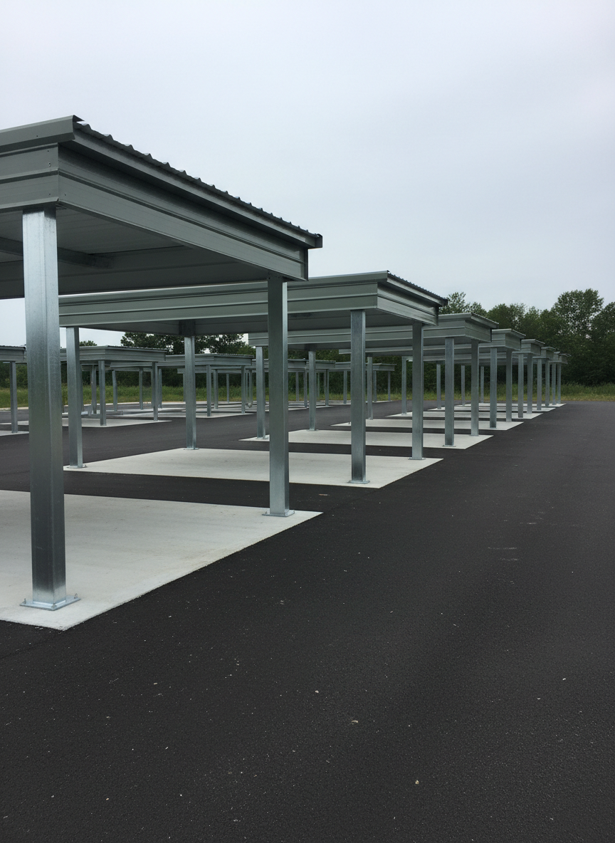 A row of custom metal carports in varying sizes, each with glossy galvanized steel posts and smooth, sage-gray roof panels, aligned neatly along a paved lot. Under each carport, the concrete surface appears clean and uniform, highlighting the sheltered space. Overcast midday light provides diffused, even illumination that eliminates harsh shadows and reveals the subtle textures of the corrugated metal. The camera is positioned at a slightly elevated angle, using a wide lens to capture multiple structures receding into the distance, creating a strong sense of depth. The composition follows the rule of thirds with a clear horizon and a soft-focus tree line in the background. The overall atmosphere is organized, dependable, and distinctly commercial, rendered in photographic realism.