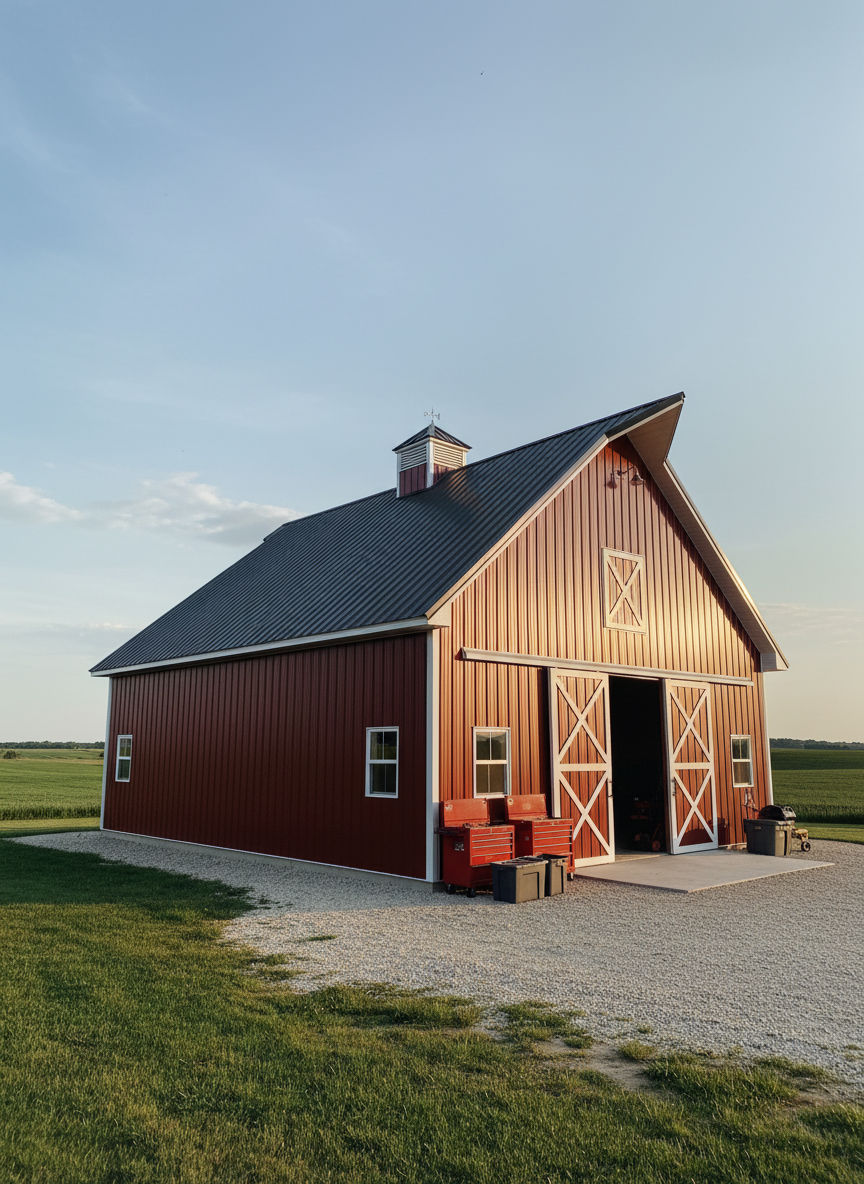 A spacious custom metal barn featuring deep red vertical siding with contrasting white trim, a high-pitched roof, and dual sliding doors slightly parted to reveal a dark interior. The barn sits on a neatly graded gravel pad with a few scattered tools and storage containers nearby, suggesting active use without clutter. Warm golden hour sunlight washes across the façade, creating rich highlights along the ribs of the siding and crisp shadows under the eaves. Shot from a low-angle perspective to emphasize height and sturdiness, the barn dominates the frame while distant fields and a soft blue sky form a subdued backdrop. The mood is solid, trustworthy, and rural-professional, with clean photographic realism and subtle color vibrancy.